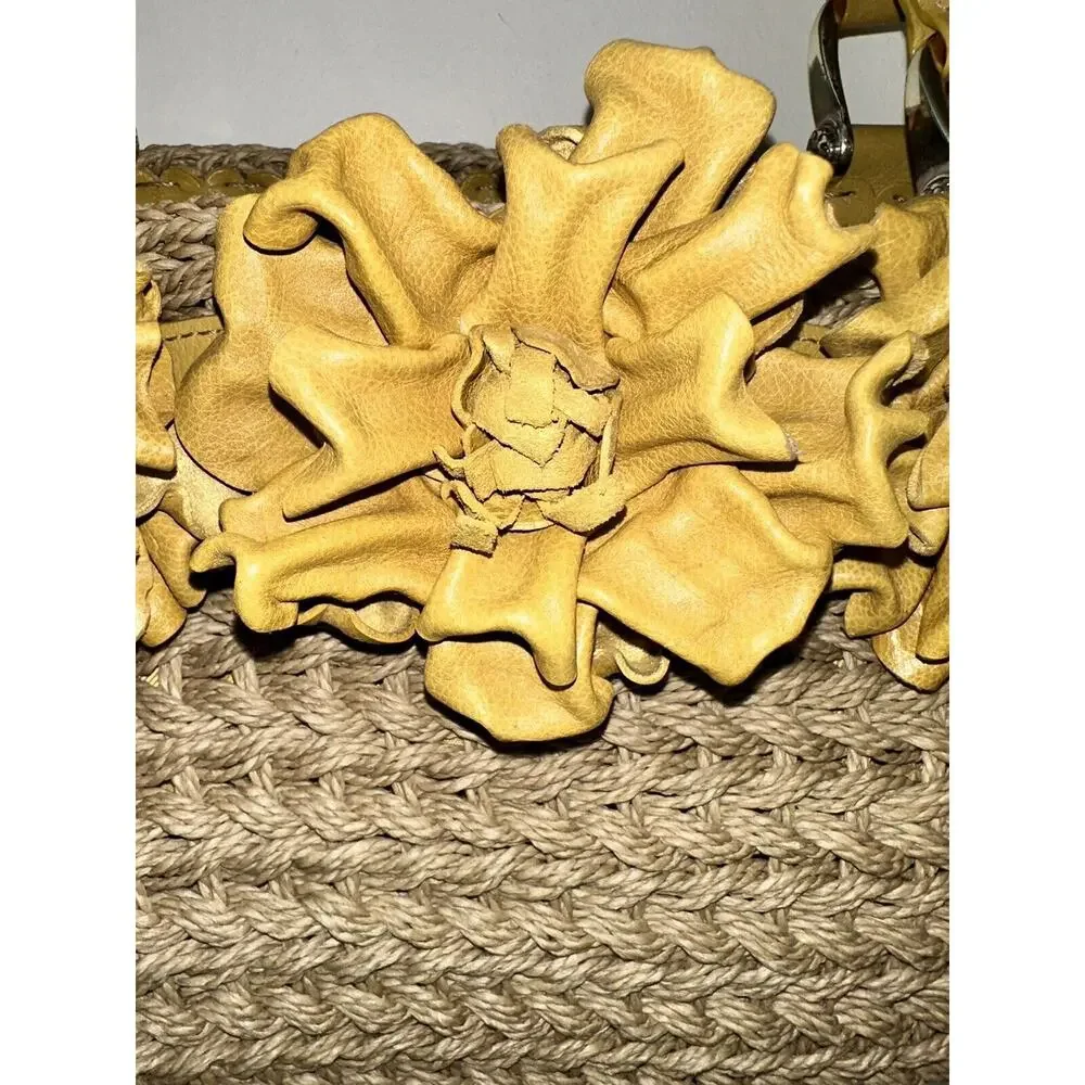 Brighton Straw Yellow Leather‎ Flower Handbag Top Handle Bag Boho Shabby Chic